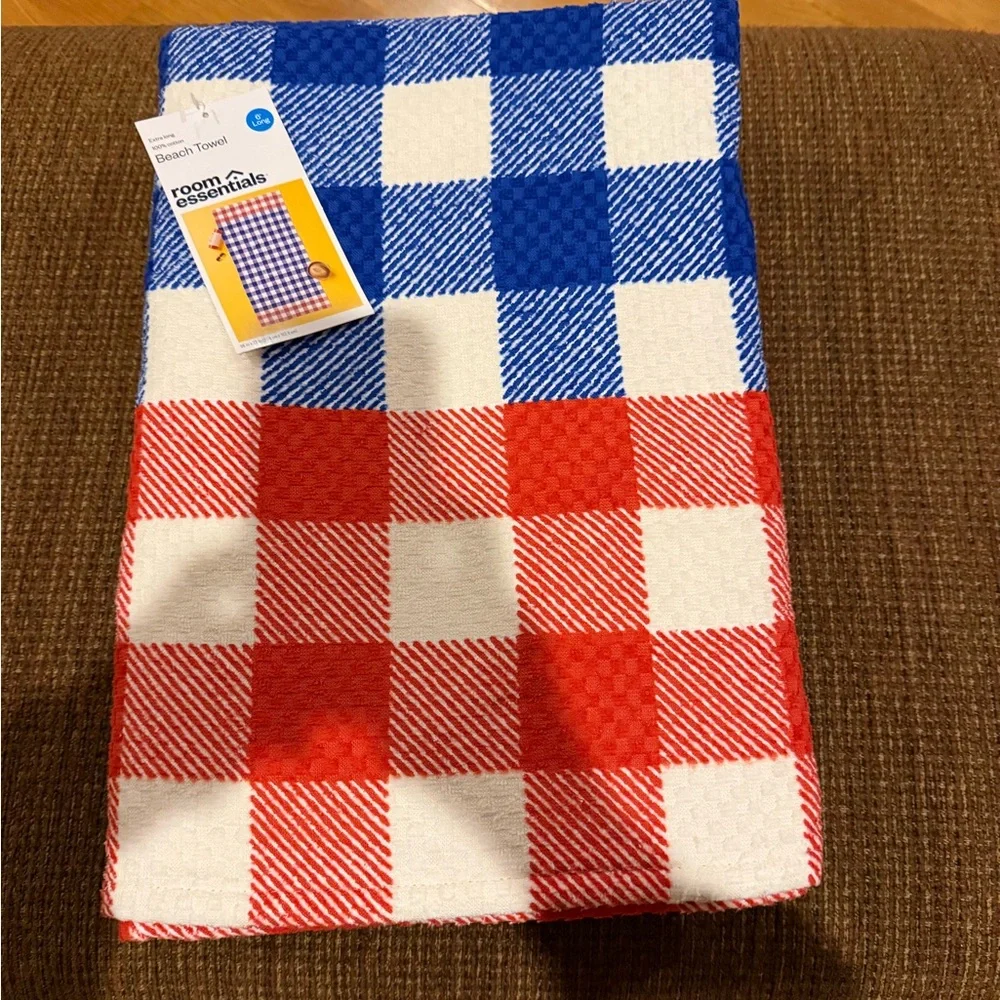ROOM ESSENTIALS Red and Blue Checkered 6 Foot Beach Towels (SET OF 3)
